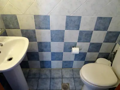 a bathroom with a toilet and a sink at Platanias House on the Beach in Plataniás