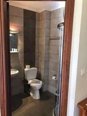 a bathroom with a toilet and a shower at Iolkos Hotel Apartments in Kato Daratso
