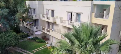an apartment building with balconies and a palm tree at Marita's Apartments in Agia Marina Nea Kydonias