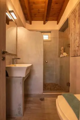 a bathroom with a sink and a shower at Vitis Vinifera Tranditional Studio Apartment in Kissamos