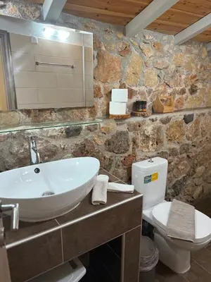 a bathroom with a sink and a toilet at Chania Village - Charoupia & Daphne Villas Private Pool - BBQ - Afrata in Afráta
