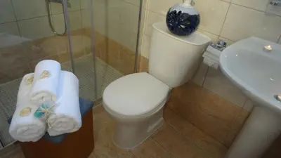 a bathroom with a toilet and a sink with towels at Despina Studios in Agia Marina Nea Kydonias