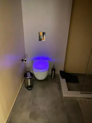 a bathroom with a tub with a purple seat at Papaduke House in Kalyves