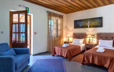 a bedroom with two beds and a blue couch at Apirathes Residence in Zoúrva