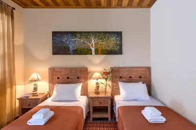 two beds in a room with two lamps and a painting on the wall at Apirathes Residence in Zoúrva