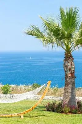 a hammock under a palm tree next to the ocean at Elias Luxury Villa in Kalathas