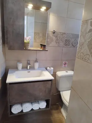 a bathroom with a sink and a toilet and a mirror at Marias Studios in Chania Town