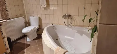 a bathroom with a toilet and a bath tub at Modern Villa in Chania in Perivólia
