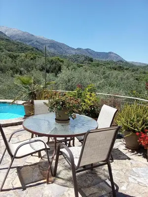 a patio with a table and chairs and a pool at 