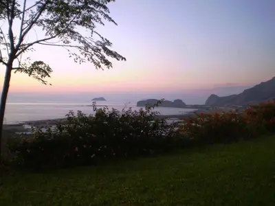 a view of the ocean at sunset with a tree at Roubini Apartments in Falasarna