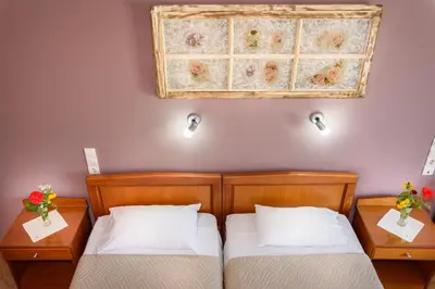 two beds in a room with flowers on the wall at Irinoula Dreams in Kolymvari