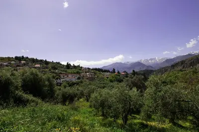 a village on a hill with trees and mountains at Lydia's Apartment in Stílos