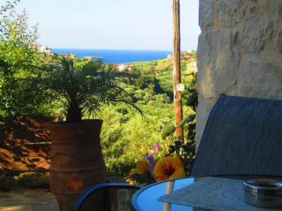 a table and a vase with a plant in it at Aristos Apartments & Suites in Stalos