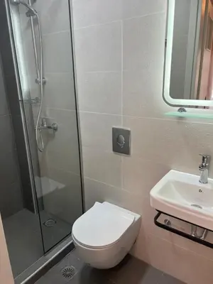 a bathroom with a shower and a toilet and a sink at Hotel Lefka Ori - City Rooms in Chania Town