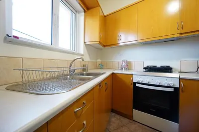a kitchen with wooden cabinets and a sink and a stove at Sunny Apartment in Daratso