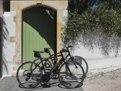 two bikes parked in front of a green door at Lemon Tree Eco-Retreat in Gavalochori