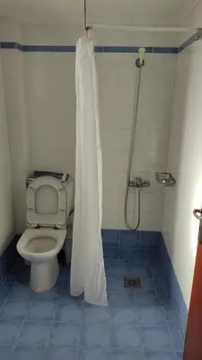 a bathroom with a toilet and a shower at Galini Studios in Palaiochóra