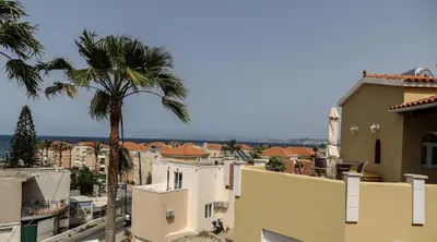 a view of a city with buildings and a palm tree at Heaven Apartments in Agia Marina Nea Kydonias