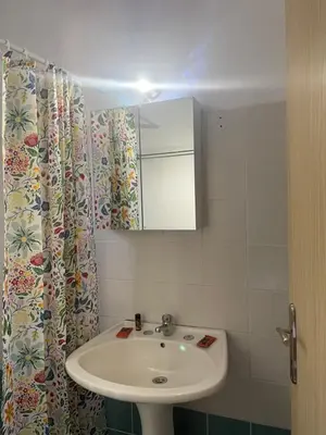 a bathroom with a sink and a mirror and a shower curtain at Poseidon Studios Chania Center in Chania Town