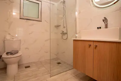 a bathroom with a shower and a toilet and a sink at Virginia Studios in Palaiochóra