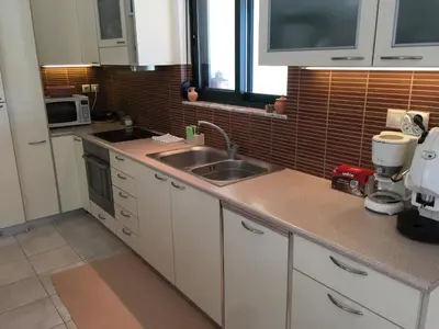 a kitchen with a sink and a microwave at Villa Christina Anidri in Ánidhroi