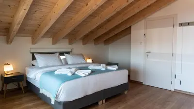 a bedroom with a large bed in a room with wooden ceilings at Arhondiko Luxury House in Sougia