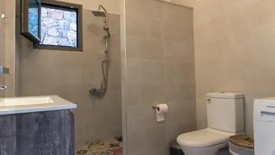a bathroom with a toilet and a sink and a window at Arhondiko Luxury House in Sougia