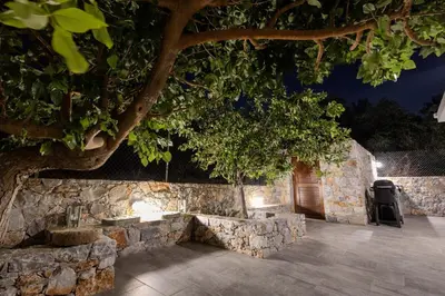 a stone wall with a tree and a grill at Chrisi Holiday Home - 500 sqm Private Gardens & Nature View - 300m by the sea in Almirida