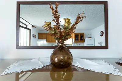 a vase with flowers on a table in front of a mirror at Kiki's House near Falassarna and Balos in Plátanos