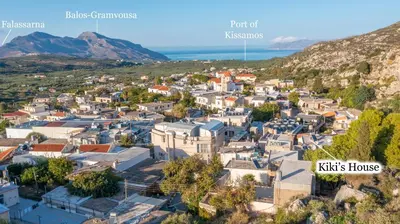 an aerial view of a small town in the mountains at Kiki's House near Falassarna and Balos in Plátanos
