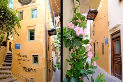 two pictures of a building with flowers on the side at The Journey Design Home Chania in Chania Town