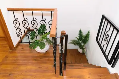 a staircase with two potted plants in a house at Diogenis Residence Euphoria in Arménoi