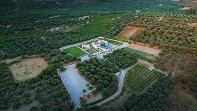 an aerial view of a large estate with a house at Villa Aori in Kariá