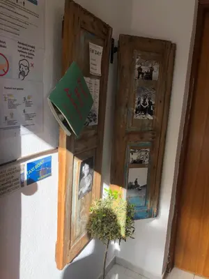 a wall with two wooden doors and a plant at Gigilos in Agia Roumeli