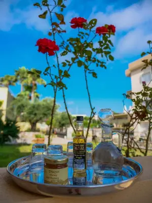 a tray with two bottles of alcohol on a table with roses at Cosy Apartments Daphne in Daratso