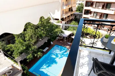 an overhead view of a balcony with a swimming pool at Superior Central Studio in Chania Town
