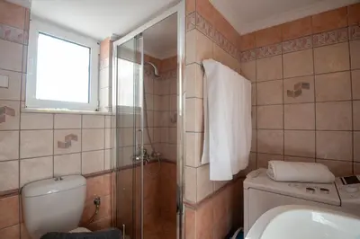 a bathroom with a shower and a toilet and a sink at Panorama Country Residence in Tzitzifés