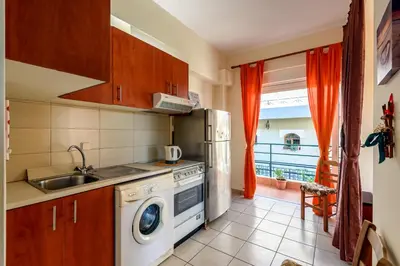 a kitchen with a refrigerator and a sink and a dishwasher at Golden Beach Hill Apartments in Kato Daratso
