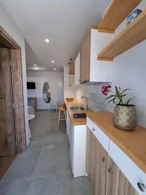 a kitchen with a sink and a counter top at Grammeno Seaside Studios in Palaiochóra