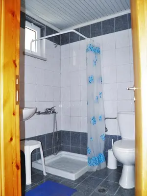 a bathroom with a shower and a sink and a toilet at Christi Apartments in Kalyves