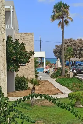 a house with a palm tree and a driveway at Erato Beach Hotel Adults Only by Smile Hotels in Plataniás