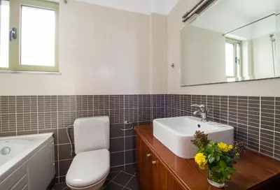 a bathroom with a sink and a toilet and a mirror at Malathiros Traditional Villas in Maláthiros