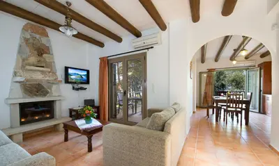a living room with a couch and a fireplace at Malathiros Traditional Villas in Maláthiros