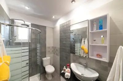 a bathroom with a shower and a toilet and a sink at Chania Design Suites in Chania Town