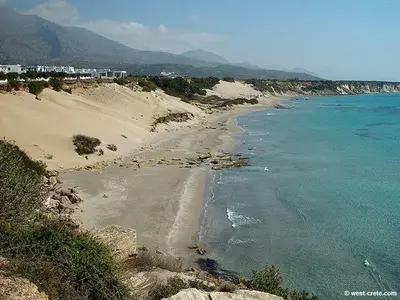 a sandy beach with the ocean and mountains in the background at Ledakis Studios in Frangokastello