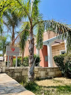 a palm tree with a sign in front of a house at Golden Victory in Agia Marina Nea Kydonias