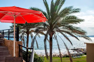 a red umbrella and palm trees on the beach at Alexandra Beach Hotel in Agia Marina Nea Kydonias