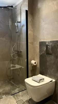 a bathroom with a toilet and a glass shower at Mesohori studios in Sfakiá