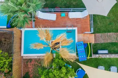 an overhead view of a swimming pool and a palm tree at Chania Green House 1 in SFakianalíon