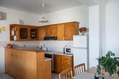 a kitchen with wooden cabinets and a white refrigerator at Rouladina Apartments in Stalos